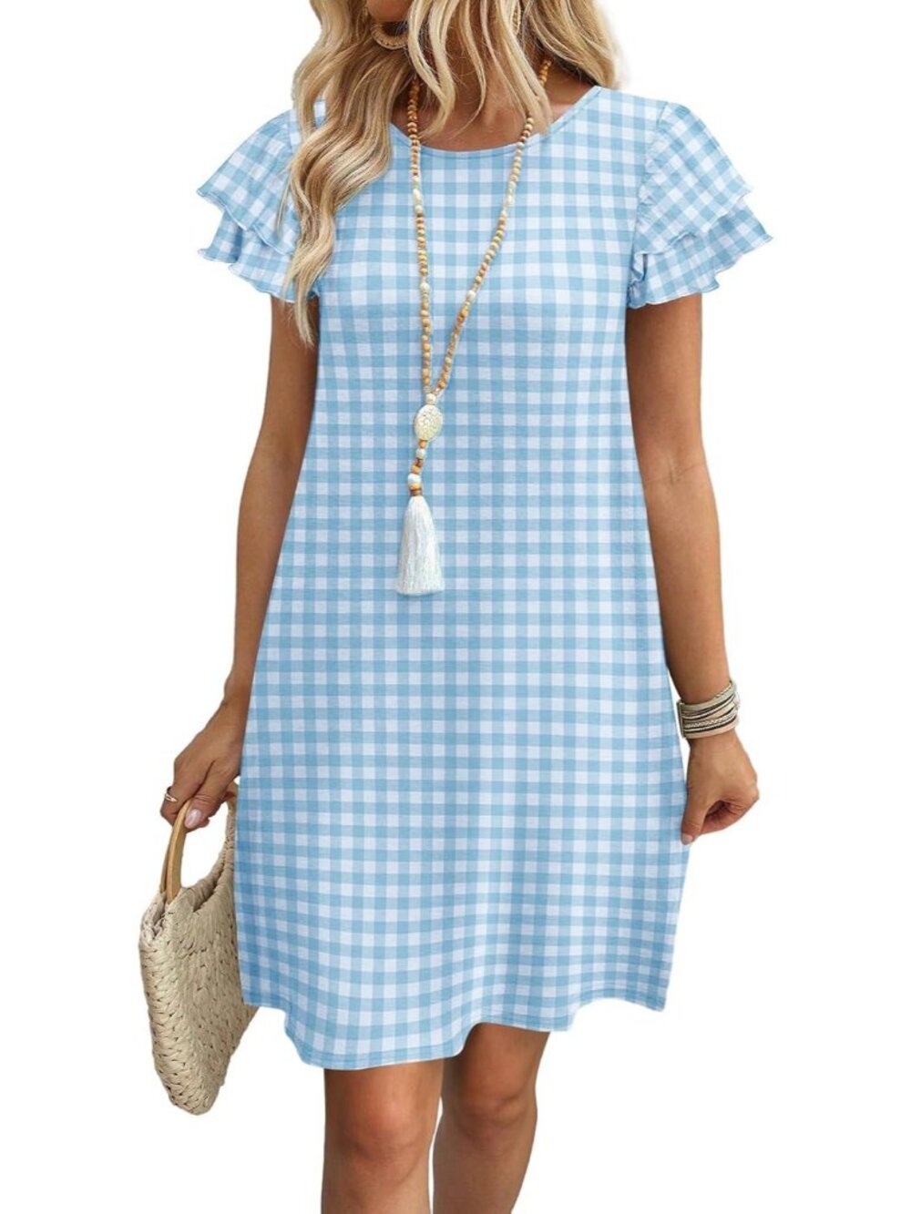 Women's Blue White Gingham Polyester Blend Cap Sleeve Crew Neck Pull On Mini Dre